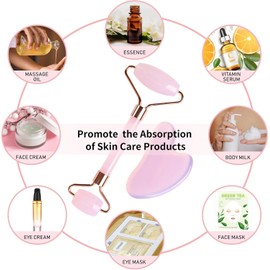 Gua Sha Tool Guasha Massage Tool 100% Natural Jade Stone for Face Care, Relieve Wrinkle Eye Puffiness Treatment, Back Spa (Pink Roller and Guasha)