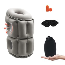 Pressing Inflatable Face Down Travel Pillow for Airplanes with Adjustable Extra Bottom Support Head & Chin to Avoid Neck & Shoulder Pain for Travelling Office Napping with 3D Eye Mask & Earplug (Grey)