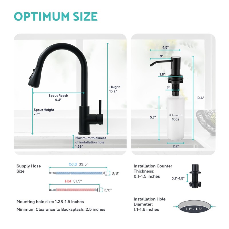 Kicimpro Black Kitchen Sink Faucet with Soap Dispenser, 3 Modes