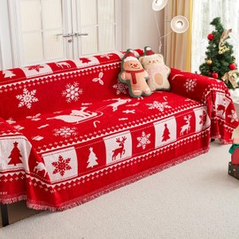 EVENHUG Christmas Theme Sofa Covers with Tassels Reversible Couch Cover for Pets Dogs Christmas Home Decoration Sofa Slipcover for 2-3 Cushion Couch Washable Chenille Couch Protector (71" X134")