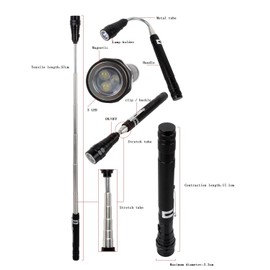 WIROJ BlueSunshine Portable 3 x LED Telescopic Flexible Extensible Led Flashlights Torch Magnetic Head Pick Up Tool Flash Light Lamp (Max Length 22 Inch), 4 x LR44 Batteries (Included), Black