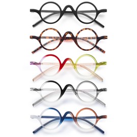 JM 5 Pack Round Reading Glasses for Women Men, Vintage Small Blue Light Blocking Computer Readers with Spring Hinges +1.00