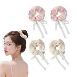 4 Pcs Cute Lace Scrunchies with White Bow Boho Hair Ties Elegant Ponytail Holder Elastic Band Scrunchy Lace Bow Hair Accessories for Women & Girls - Yellow, Pink