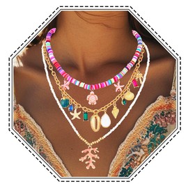 Jovono Boho-Muschel-Halskette, mehrlagig, goldfarben, Perlen-Halskette, Strandmuschel-Anhänger, Halszubehör für Damen, Einheitsgröße, /, Kein Edelstein