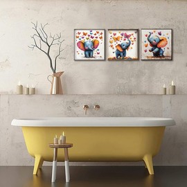 Piy Painting Animal Canvas Print, Cute Elephant as a Wall Painting, Colourful Butterfly Canvas Wall Pictures, Art Prints for Bedroom, Living Room, Cafe, Dining Room, 3 Panels 30 x 30 cm (90 x 30 cm)