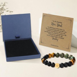 Janhavi Bracelet for New Dad,Men Birthday Gift Ideas,2025 Top Gifts for Men,Engraved Initials & Pattern,10mm Natural Tiger Eye Stone Bead, Stretch Bracelets Jewelry Gifts for New Father (Initial R)