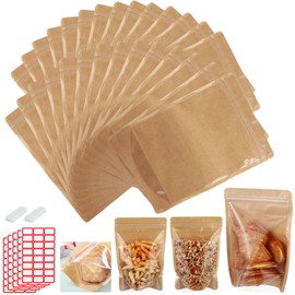 100-pack 8.7” x 11.8” Stand Up Kraft Paper Mylar Bags with Clear Window Large Resealable Foil Pouches for Food Storage Smell Proof Edible Packaging Zip Bag for and Small Business, Ziplock Bag Bulk