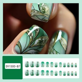 Green Flower Press on Nails Short Square Fake Nails Gradient Green Glue on Nails with Glitter Design Full Cover False Nail Tips Spring St. Patrick’s Day Stick on Nails for Women Nail Art Decorations