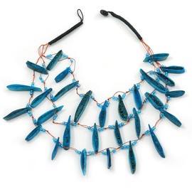 Avalaya Three Strand Faux Bone Nugget & Glass Bead Layered Necklace in Teal Blue/ 60cm L
