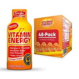 Vitamin Energy Extra Strength Energy Drink Shots | Natural Nutrients to Energize & Support Immune System | Sugar & Carb-Free | Immunity Formula | up to 7+ Hours | Orange Burst- 1.93 fl oz- Pack of 48