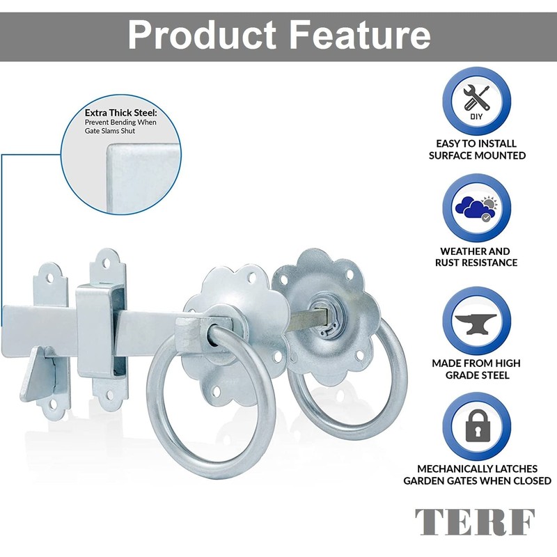 TERF® Heavy Duty Ring Gate Latch Door Lock Silver Ring