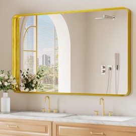Koonmi Gold Wall Mirror for Bathroom, 30x48 Inch Matte Deep Framed Rounded Rectangle Vanity Mirror for Farmhouse Living Room, Tempered Glass, Anti-Rust, Vertically or Horizontally