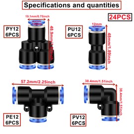 HUAZIZ Pack of 24 Pneumatic Push to Connect Fittings, Pneumatic Fittings Kit, 6 Pieces Spliter+6 Pieces Elbows+6 Pieces Tea+6 Pieces Straight (OD 12 mm)