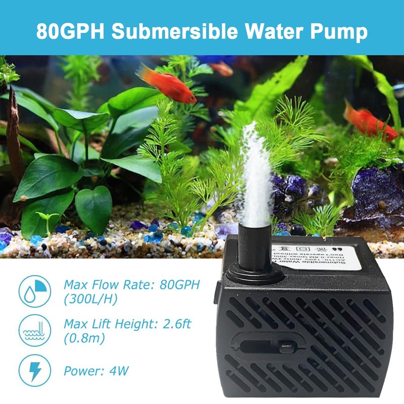 Submersible Quiet Fish Tank Pump 80GPH 2.6ft Lift 4W 110V