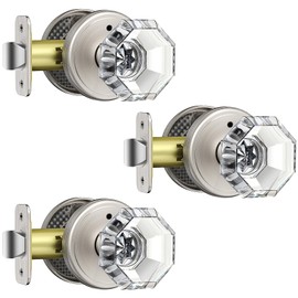 MAXECURITY 3 Pack Crystal Door Knob, Octagon Shaped Glass Door Knobs Interior with Lock, Satin Nickel Door Knobs Interior Glass