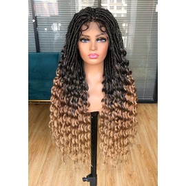Annivia Faux Locs Braided Wigs for Black Women Goddess Full Lace Faux Locs Crochet Wigs with Baby Hair Soft Knotless Dreadlock Synthetic Lace Twist wig with Wave Curly Ends 1B/27 32Inch