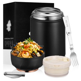 TranRantic Food Thermos, 17oz Insulated Food Container with Foldable Fork and Spoon Stainless Steel Double Walled Thermos Food Container, Leakproof Food Jar for Hot and Cold Meals (Black)