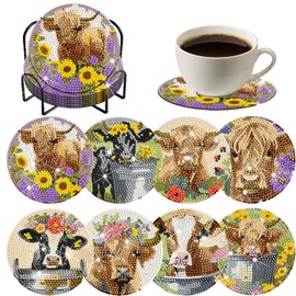 8 Pieces Spring Cow Diamond Coasters Kits with Holder DIY Spring Cow Diamond Art Coaster Coaster for Gifts Beginner Adults Kids Art Table Home Craft Gift Supplies