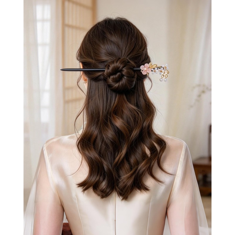 4 Pcs Chinese Hair Sticks for Women White Pink Flower