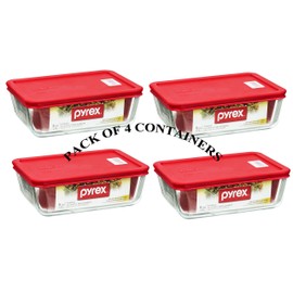 PYREX Containers Simply Store 6-cup Rectangular Glass Food Storage Red Plastic Covers ... (Pack of 4 Containers)