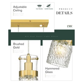 LMS Dining Room Light Fixture, 4-Light Brushed Gold Kitchen Island Lighting, Industrial Linear Chandeliers for Dining Room Over Table Pendant Light with Hammered Glass for Bar Restaurant, LMS-171BG4L