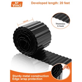 Vinci Garden Landscape Edging Border, 12 Inch x 20 FT Corrugated Sturdy Metal Easy Installation Safe Hemmed Lawn Garden Border Edges for DIY Flower Beds, Pathways and Patio Design (Black)