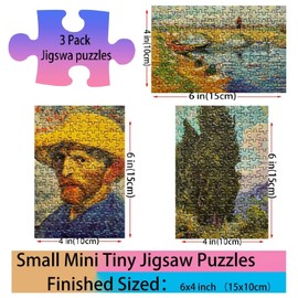Small Jigsaw Puzzles for Adults 150 Pieces Mini Jigsaw Puzzles Oil Painting Mini Puzzles Tiny Jigsaw Puzzles 6 x 4 Inches,3 Pcs,Mini Easel Included(Cypresses,Van Gogh SelfPortrait,Gleize Bridge)