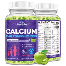 Calcium Potassium Magnesium Gummies for Kids & Adults, Magnesium Potassium Calcium Supplement for Kids, Sleep, Bone Strength, Density Support, Sugar Free, Juice Apple & Kiwi Flavor, 60 Gummies