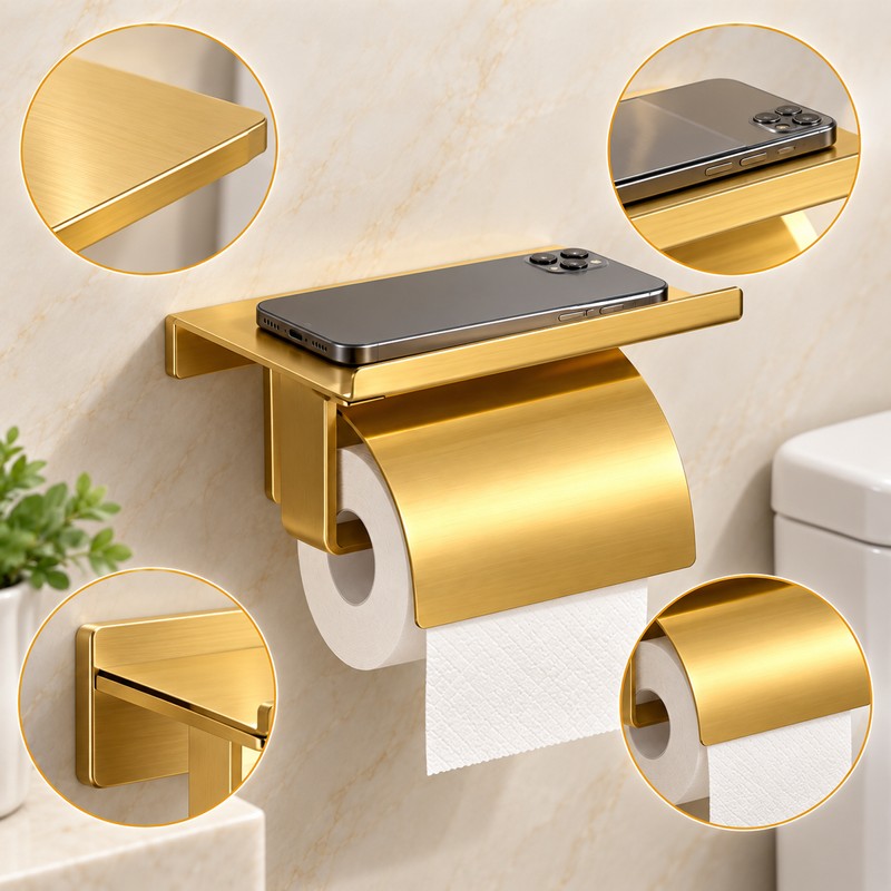 Stainless Steel Toilet Paper Holder with Shelf, Wall-Mounted Bathroom Tissue