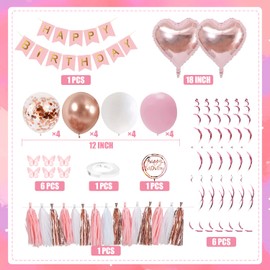 Pink Birthday Party Decorations,Happy Birthday Banner,Reusable Birthday Decoration Set,Birthday Decoration for Girls Women with Tissue Paper Pompoms, Pink Confetti Balloons Party Supplies