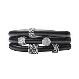 Quiges Leather Wrap Bracelet Black 60-66 cm with Charm Beads Silver-Plated Stainless Steel Magnetic Clasp, Leather, Cubic Zirconia