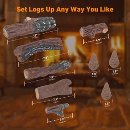 Stanbroil Small Ceramic Gas Logs, 10 Piece Set of Decoration Ceramic Wood Logs for All Types of Ventless, Gel, Ethanol, Electric, Gas Inserts, Propane, Indoor or Outdoor Fireplaces & Fire Pits