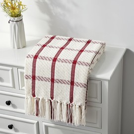 CREVENT 127cm x 152cm Farmhouse Breathable Soft and Warm Chenille Throw Blanket for Sofa Couch Bed Home Decor Throw with Tassels (Red and White)