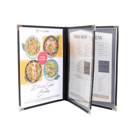 Ylittaa Menu Covers/Booklet, Triple Page, 3 Pockets, 6 View, for 8.5" x 11" Letter Size Paper, Pack of 6, Black Edging + Silver Metal Corner, Made with Leatherette & Vinyl