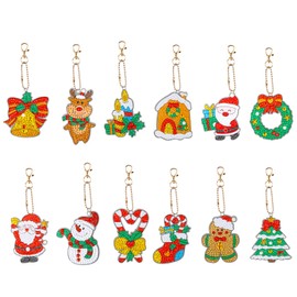 AIEX 12pcs Christmas Diamond Painting Keychains, 5D DIY Diamond Art Kits Rhinestone Painting Crafts Christmas Hanging Ornaments with Santa Snowman Jingle Bell Elk Patterns for Home Decoration