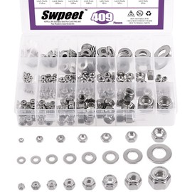 Swpeet 409Pcs SAE 304 Stainless Steel Hex Lock Nuts and Hex Nuts with Flat Washers Assortment Kit, Hex Nuts Lock Nuts Flat Washers for Home Automotive(#2#4#6#8#10#12 1/4" 5/16" 3/8" 1/2")