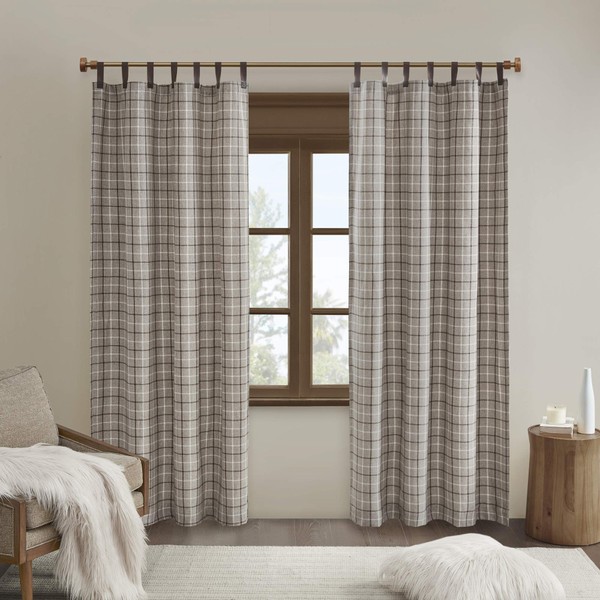 Madison Park Anaheim Cabin Plaid Curtain Window, Thermal Insulated Fleece Lining, Living Room Decor Light Blocking Drape for Bedroom, 1-Single Panel Pack, 50" x 84", Faux Leather Tab, Brown