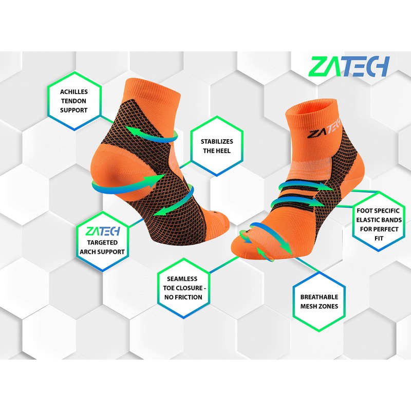ZaTech Plantar Fasciitis Sock, Compression Socks (Orange/Black, Large)