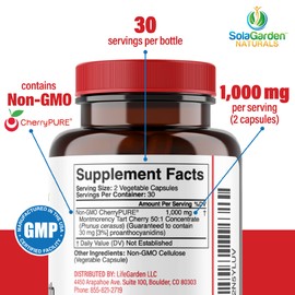 Super Strength CherryPURE Tart Cherry Supplement – 50:1 Concentrate Grown in The USA - Made with Non GMO Montmorency Cherries – by SolaGarden Naturals. 60 Non GMO Veggie Capsules.