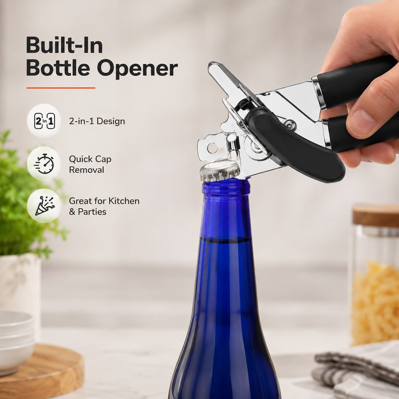 Stainless Steel Manual Can Opener with Ergonomic Non-Slip Handles, Multifunctional