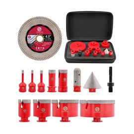 FOCSTOL Diamond Tile Hole Saw Kit 13pcs - (6/6/8/20/25/35/50/75/100mm+20mm Milling Bit+50mm Chamfer Bit+SDS+115mm Saw Blade) Diamond Core Drill Bit Set for Porcelain Tile Ceramic Marble Granite