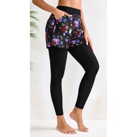 Halcurt Womens Swim Pants with Shorts 27" Swim Leggings Pockets Board Shorts Rash Guard Pants, Black Floral, X-Large