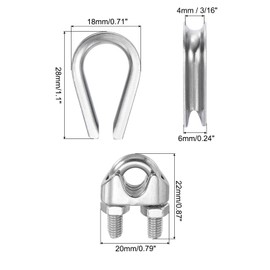 PATIKIL Wire Rope Accessory Set, 304 Stainless Steel 12 Pcs Cable Clip Clamp 10 Pcs Thimble for 4mm/3/16" Cable Rope