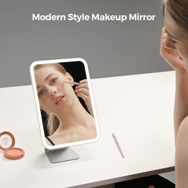 NEZZOE Lighted Makeup Mirror, Metal Table Mirror with Stand, 2000 mAh Rechargeable Vanity Mirror with 3 Colors and Brightness Adjustable, 12 Inch Light up Mirror