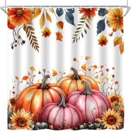CWHCWA Fall Shower Curtain Watercolor Pumpkin, Pink Orange, 70" W x 70" L