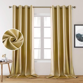 HOMEIDEAS 2 Panels Faux Silk Curtains Gold Blackout Curtains for Bedroom 52 X 108 Inch Room Darkening Satin Drapes/Curtains, Thermal Insulated Blackout Window/Indoor Curtains for Living Room