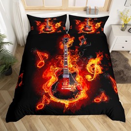 Guitar Duvet Cover Twin Size, Musical Instrument Theme Flame Guitar and Notes Print Comforter Cover for Kids Boys Room Decor, Rock Musical Modern Style Bedding Set with 1 Pillowcase, 2pcs