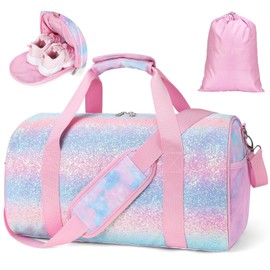 BrainyBees Dance Bag for Girls - Kids Duffle Bag with Shoe Compartment, Waterproof Ballet Gymnastics Overnight Bag with Dry/Wet Pockets(Tie-Dye Pink)