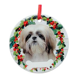 White Shih Tzu Ornament - E&S Pets - DIY Personalizable - Dog Gifts - Ceramic Round Ornament with Glazed Finish - X-mas Decoration - Christmas Ornaments Craft Gifts - Ornaments for Pet Lovers