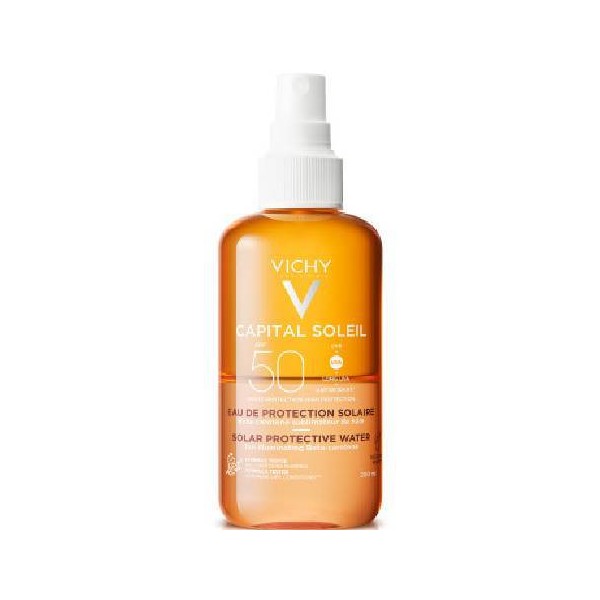 Vichy Capital Soleil Solar Protective Water Hydrating SPF50 Shiny Tanning Sun Protection Water with B-Carotene, 200ml